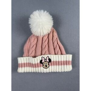 Disney Minnie Mouse Kids Pink Cable Knit Beanie Faux Fur Pom Hat 2T-5T Striped